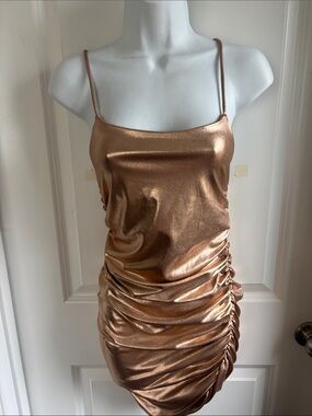 Metallic Copper Ruched Slip Dress